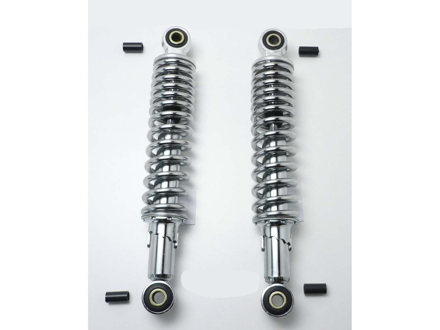 MKX Tlumič odpružení chrom 310 mm, 5stupňově nastavitelný, plastový adaptér 10 mm na 8 mm, pro Kreidler, Zündapp, Hercules, Puch