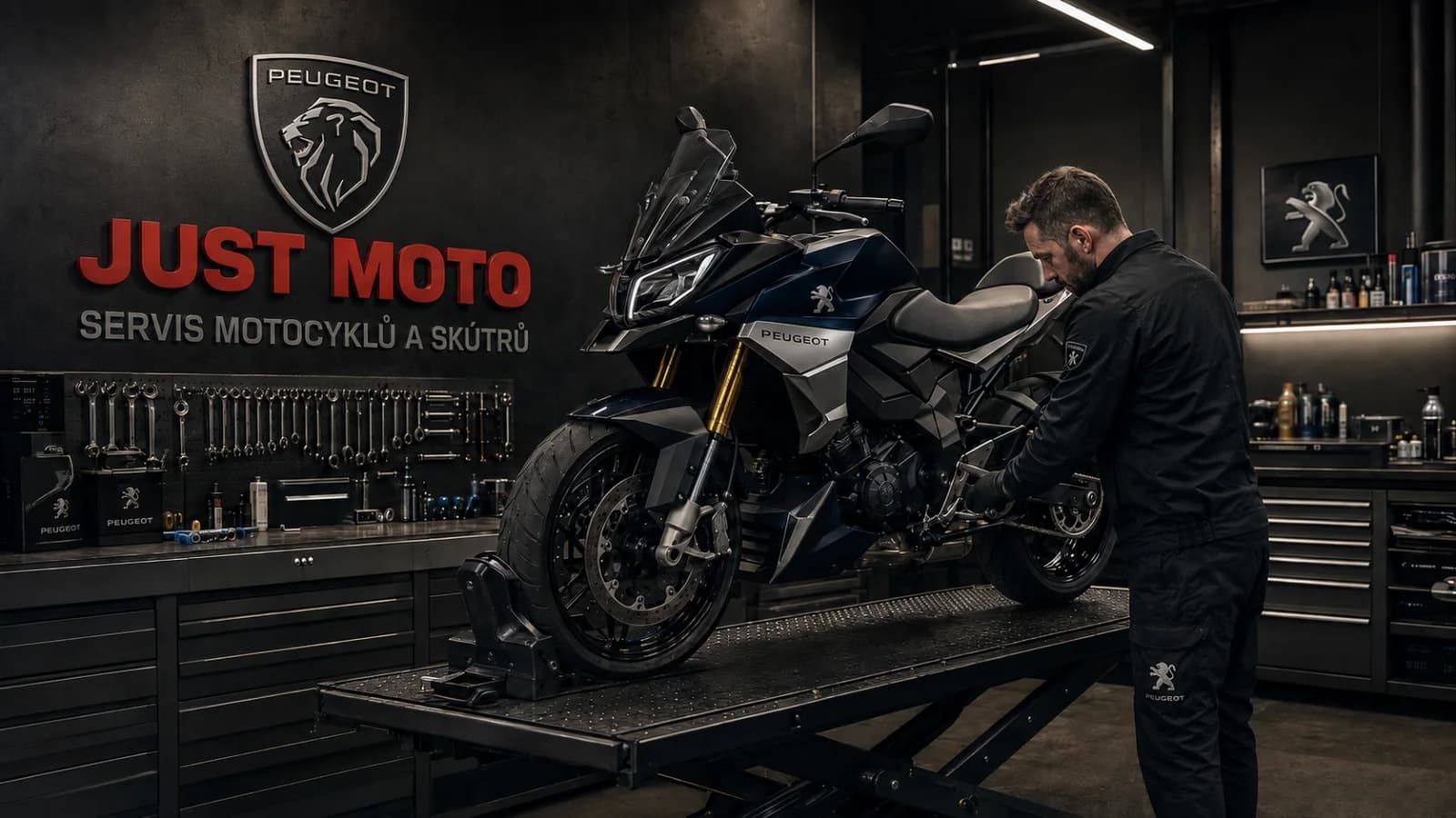 Peugeot scooter service at Just Moto workshop in Prague
