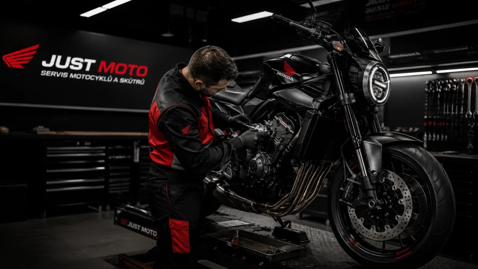 Honda motorcycle service at Just Moto workshop in Prague
