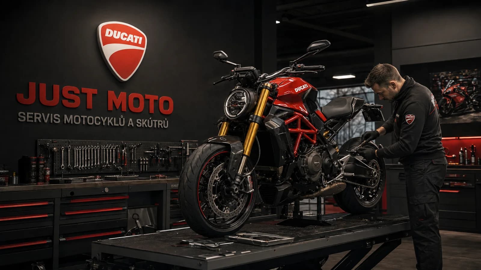 Servis motocyklu Ducati v dílně Just Moto Praha