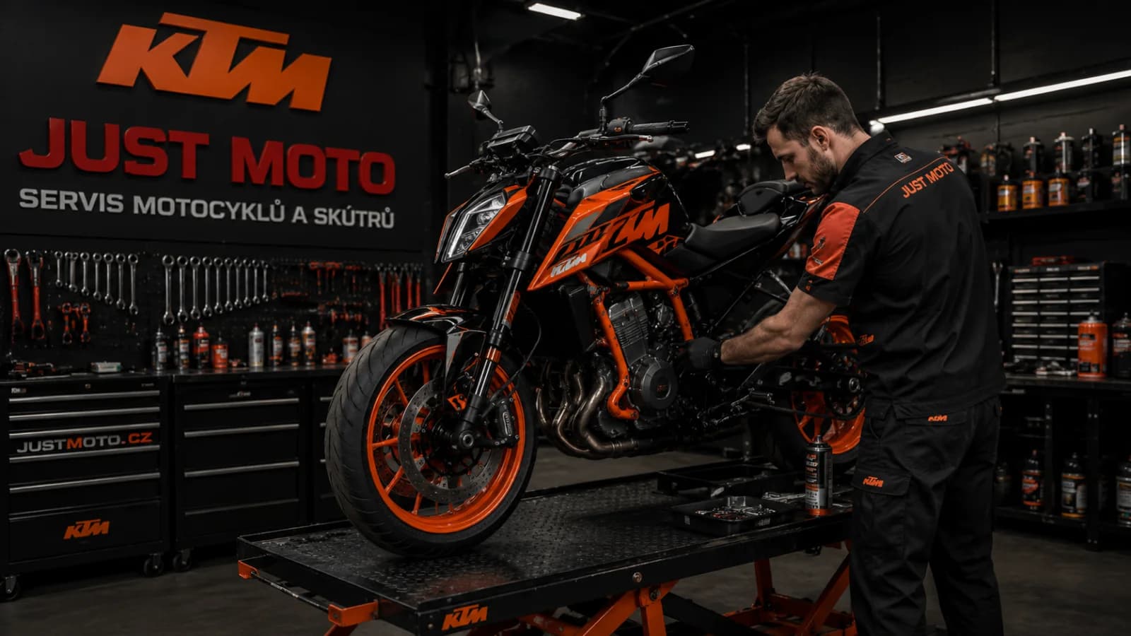 KTM motorcycle being serviced at Just Moto Prague workshop