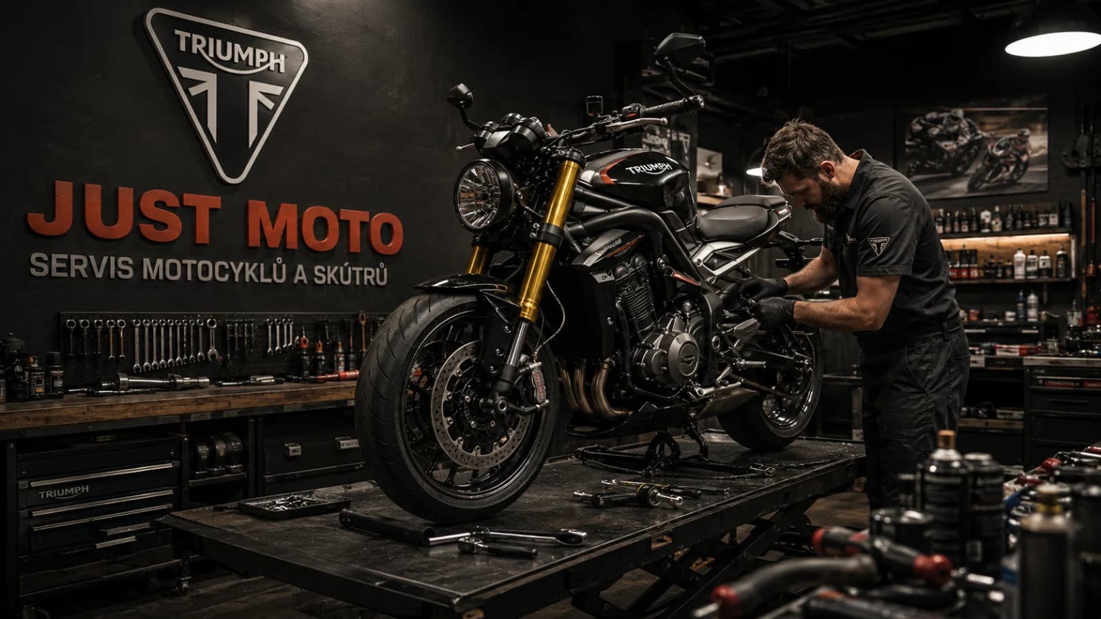 Triumph motorcycle service at Just Moto workshop in Prague