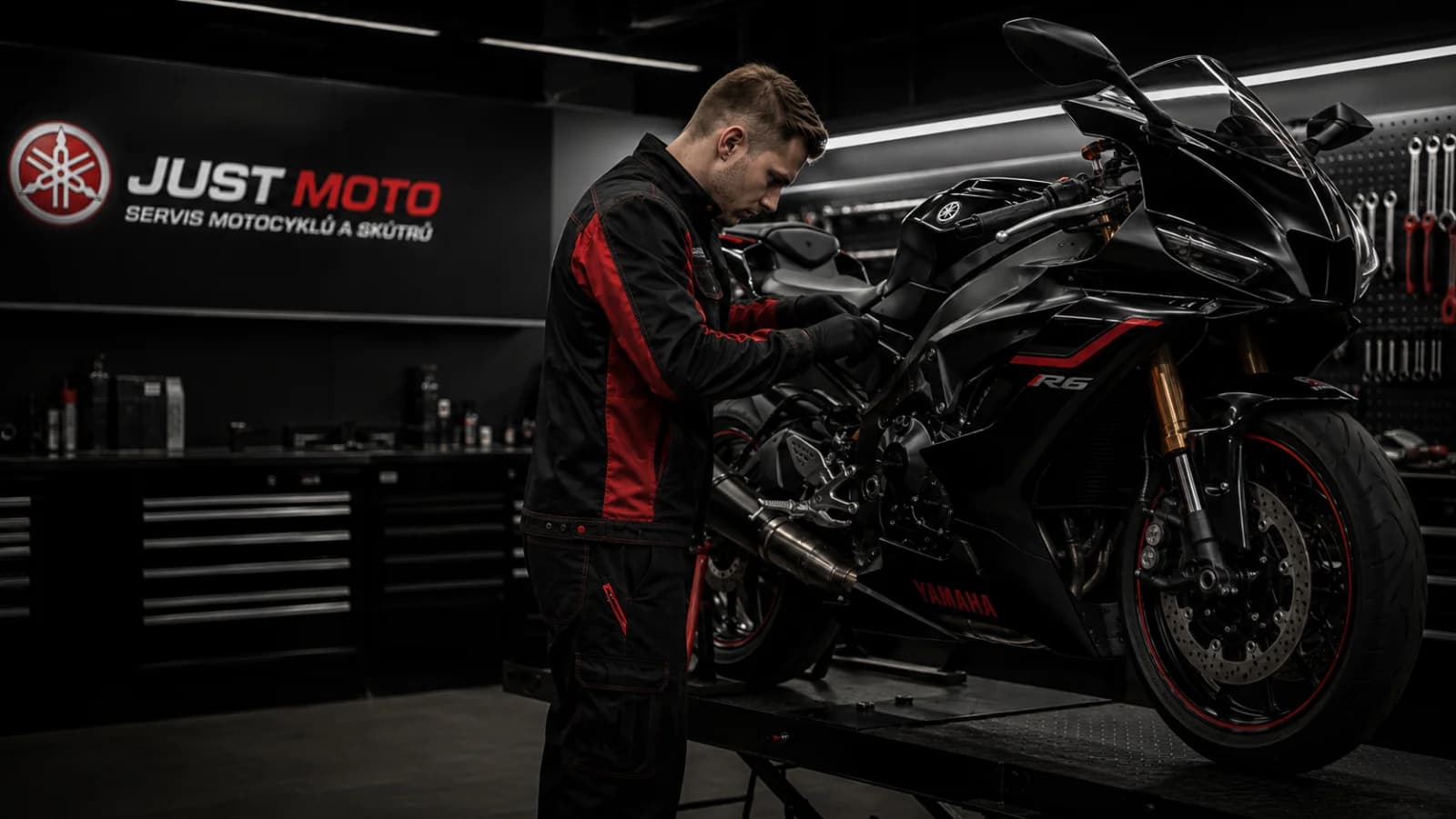 Yamaha motorcycle service at Just Moto workshop in Prague