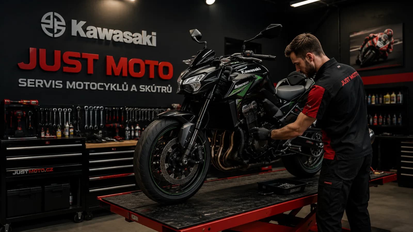 Kawasaki motorcycle being serviced at Just Moto Prague workshop