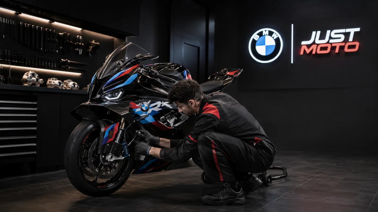 BMW Motorrad motorcycle service at Just Moto workshop in Prague